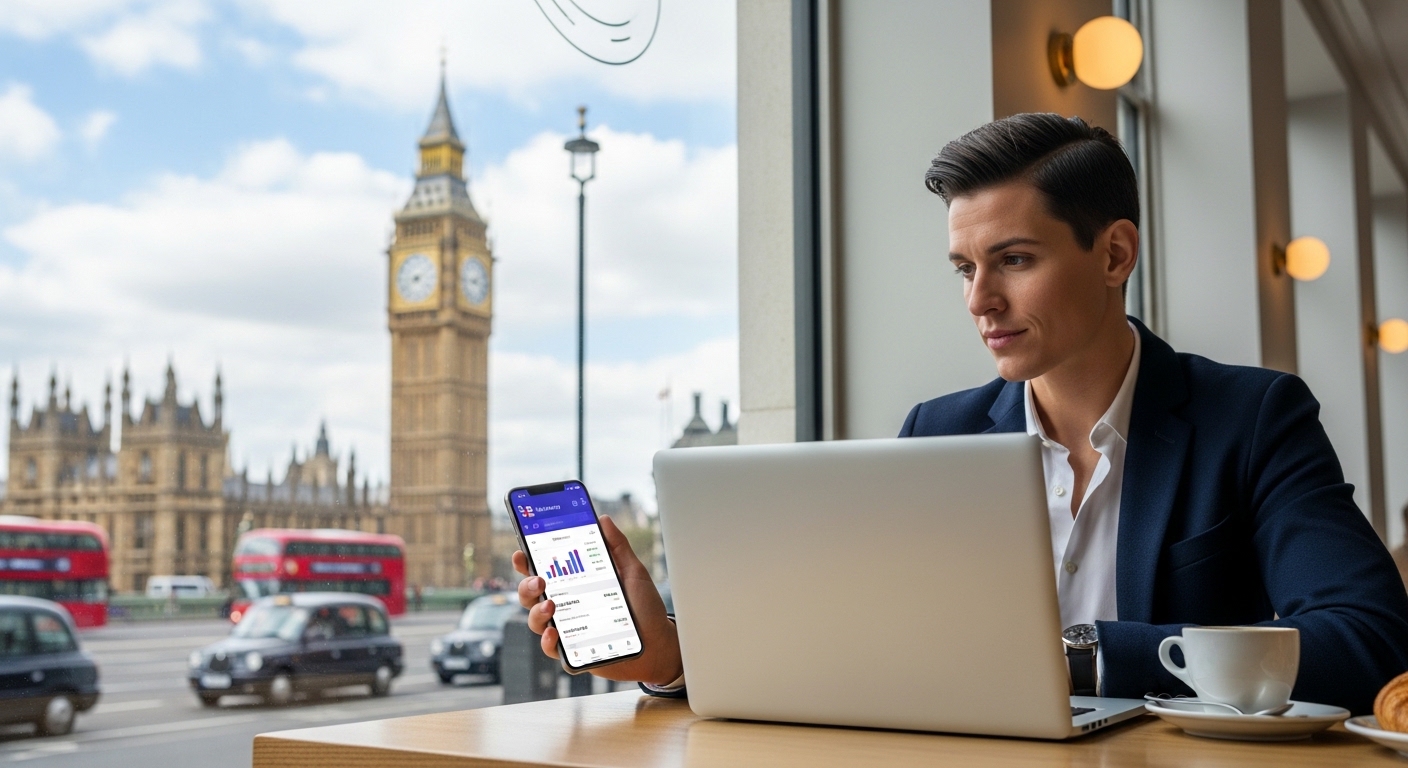 A professional expat entrepreneur sitting in a modern London cafe with a laptop, looking at a UK banking app on a smartphone, Big Ben visible through the window in the background, photorealistic, 8k.