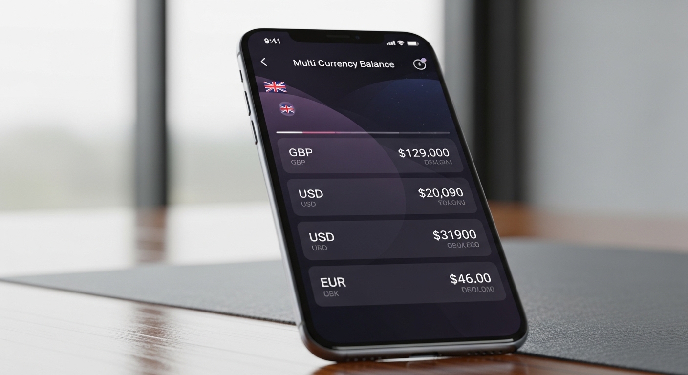A digital interface of a sleek UK banking app showing multi-currency balances on a high-end smartphone, minimalist professional setting, photorealistic.