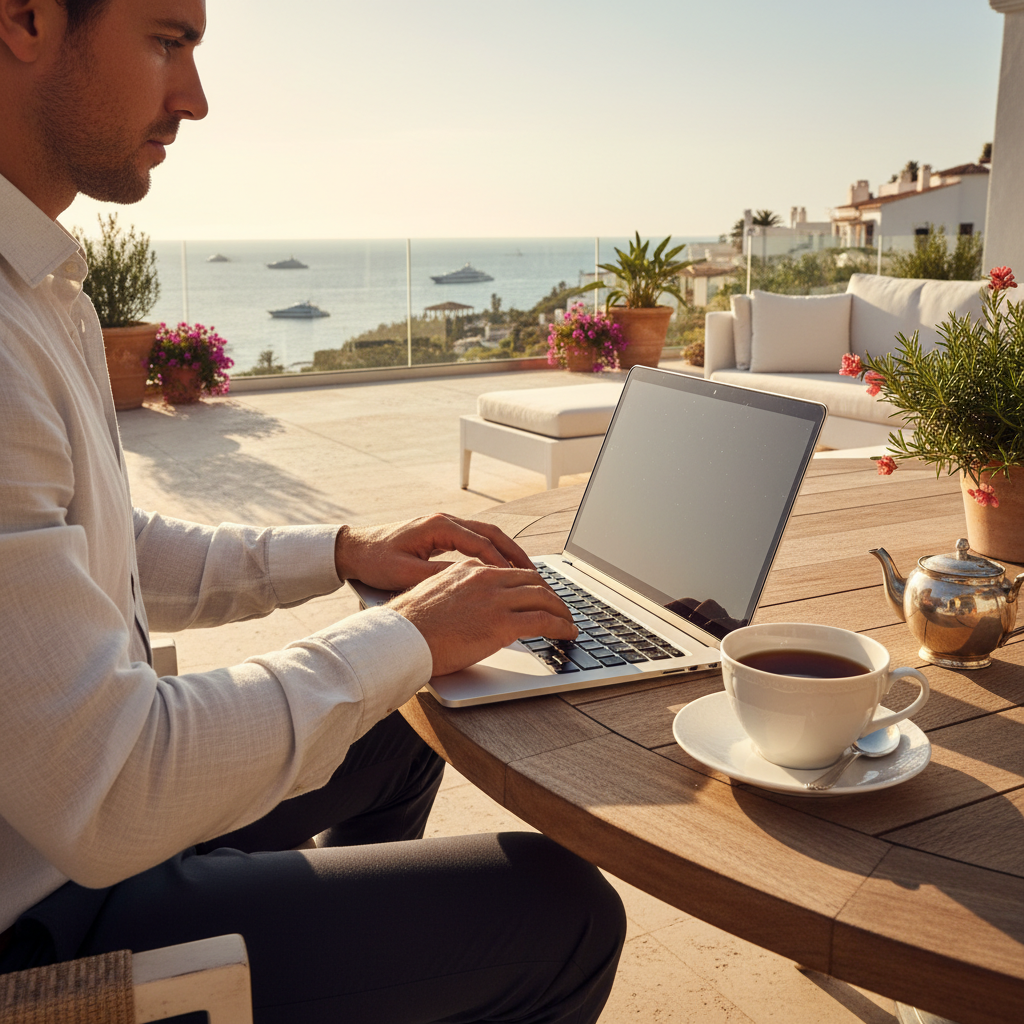 A professional entrepreneur working on a slim laptop from a luxury terrace with a view of the Mediterranean sea, a cup of English tea on the table, photorealistic, 4k resolution, cinematic lighting.