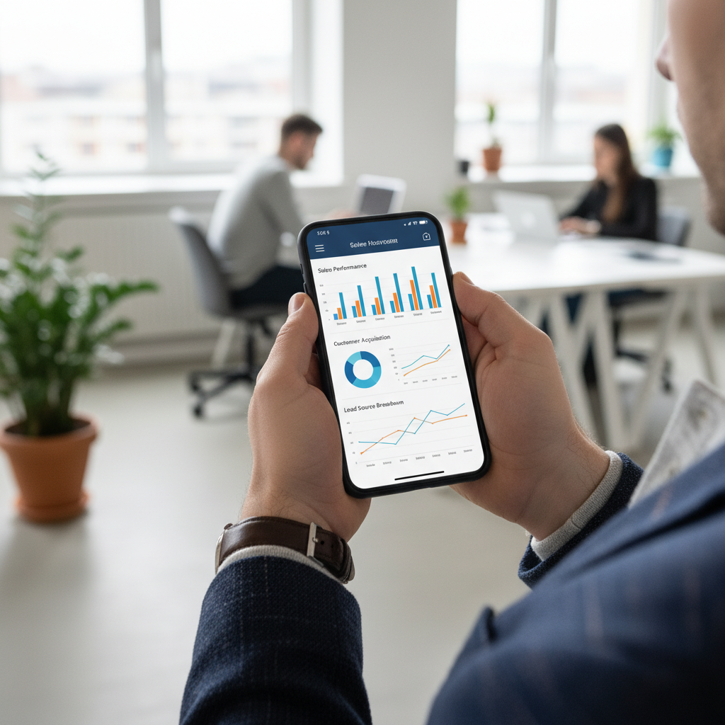 Close-up of a smartphone screen showing a modern CRM app with bright analytics graphs, held by a person in a stylish business casual outfit, blurred background of a modern co-working space, photorealistic, high detail.