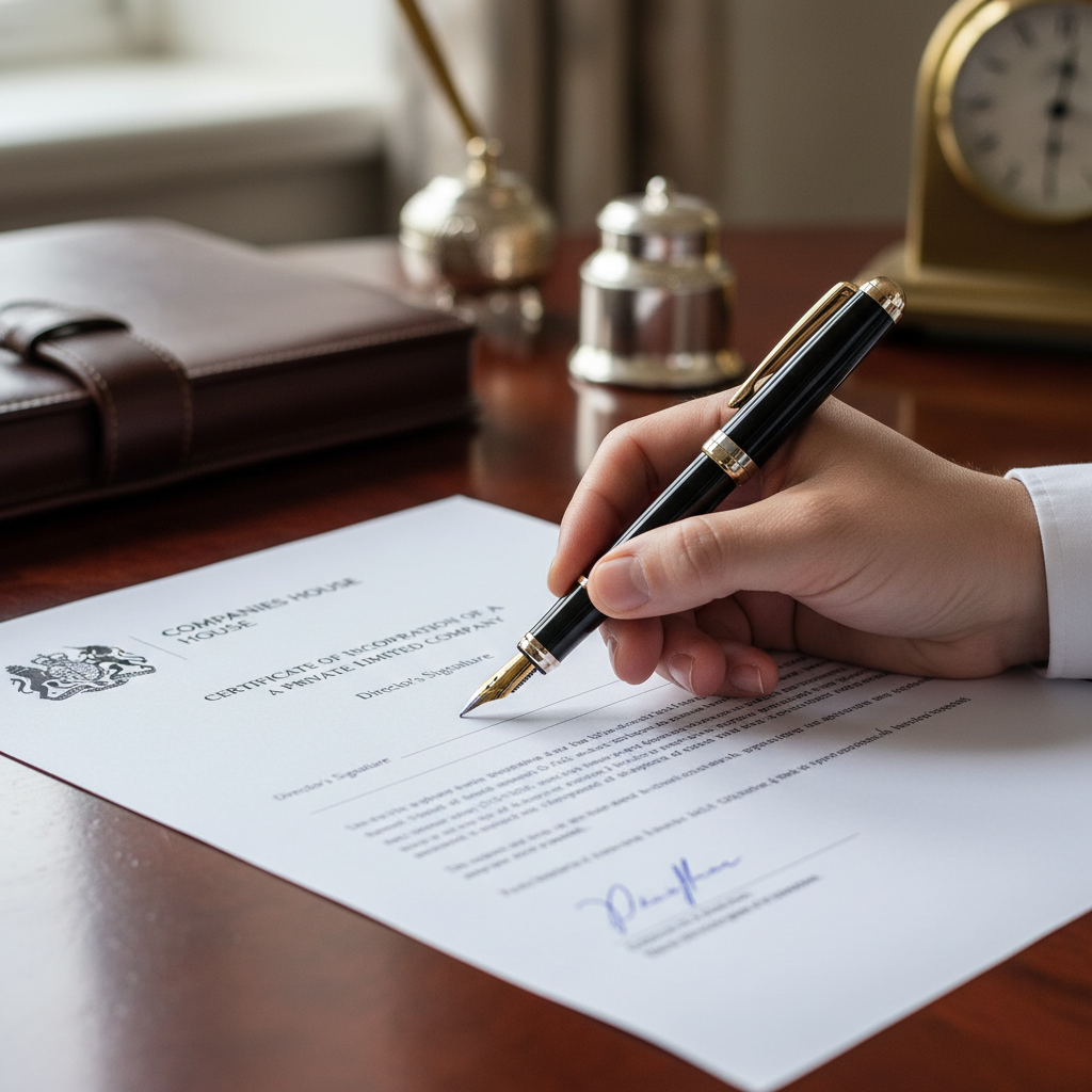 A close-up shot of a hand holding a high-end fountain pen, signing a formal UK business registration document on a mahogany desk, official and professional atmosphere, high detail, photorealistic.