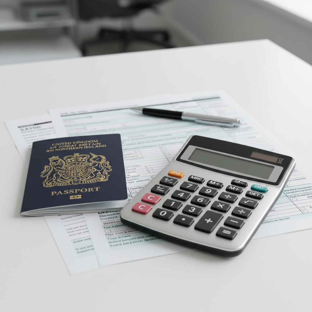 A high-quality, photorealistic shot of a calculator, a British passport, and UK tax forms spread out on a clean white desk, shallow depth of field, professional lighting.