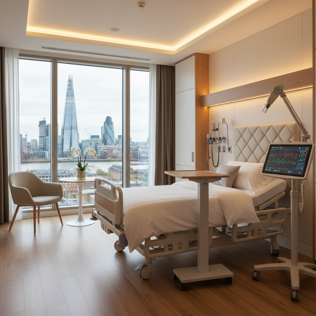 A clean, modern private hospital room in London with advanced medical equipment and a view of the city, bright and welcoming atmosphere, cinematic lighting, photorealistic style.