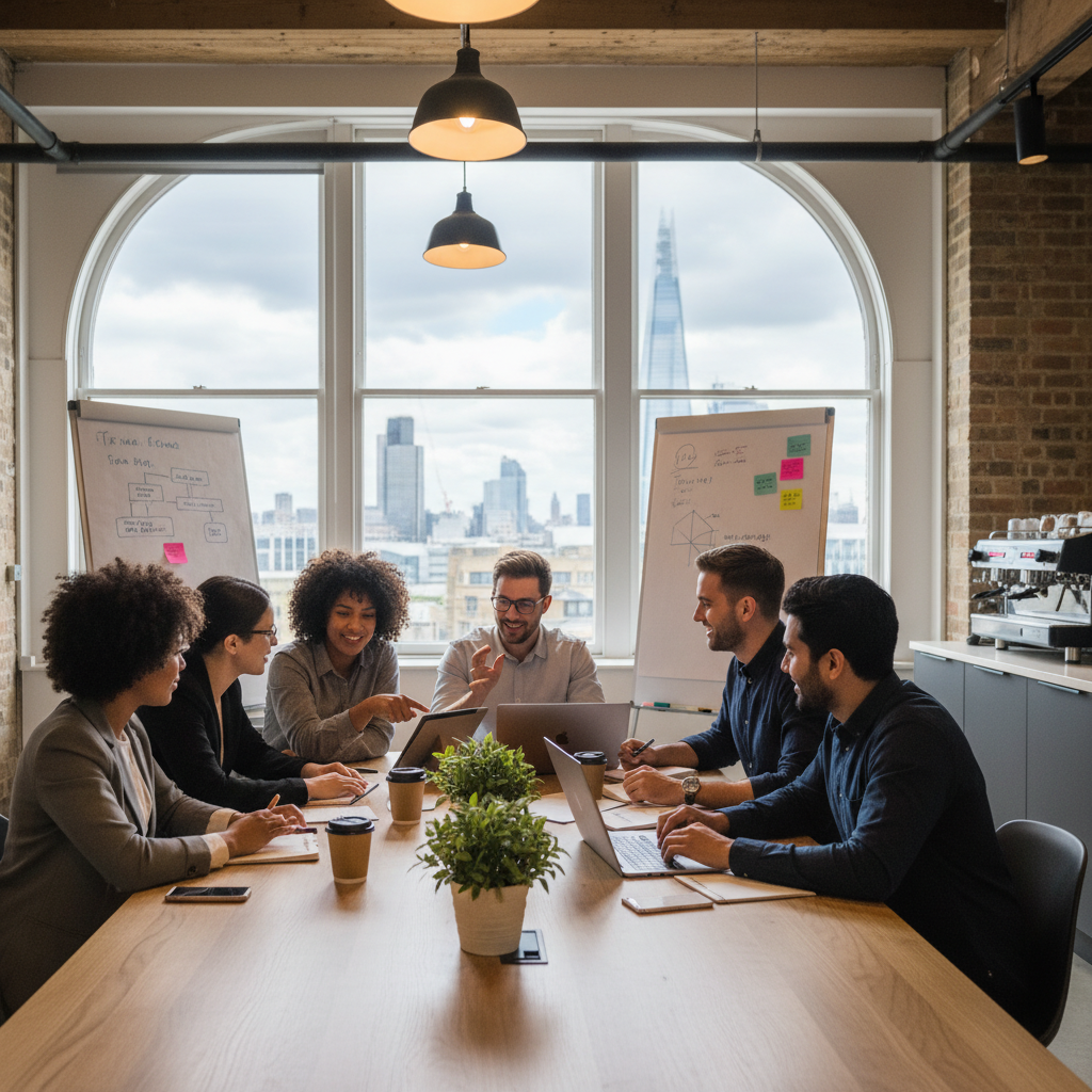 A diverse group of young professional entrepreneurs collaborating in a bright, modern London co-working space with large windows, high-quality photography, soft natural lighting, photorealistic style.
