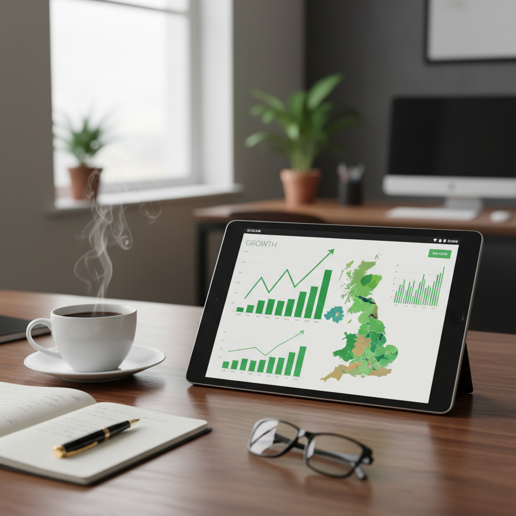 A close-up of a digital tablet showing financial growth charts and a map of the United Kingdom, placed on a wooden office desk next to a cup of coffee, 4k resolution, professional lighting.