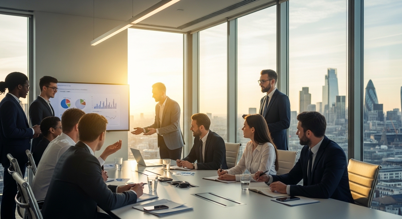 A diverse group of professional entrepreneurs having a productive meeting in a bright, modern London office with large windows overlooking the city skyline, photorealistic, 8k resolution, cinematic lighting.