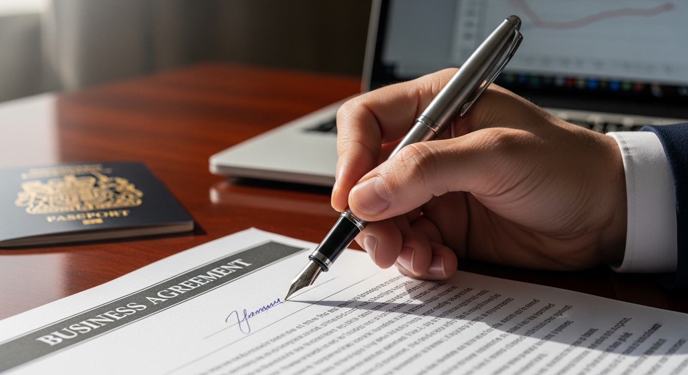 A close-up, high-detail shot of a professional's hand signing a business contract on a mahogany desk, with a blurred British passport and a laptop in the background, photorealistic, soft natural lighting.