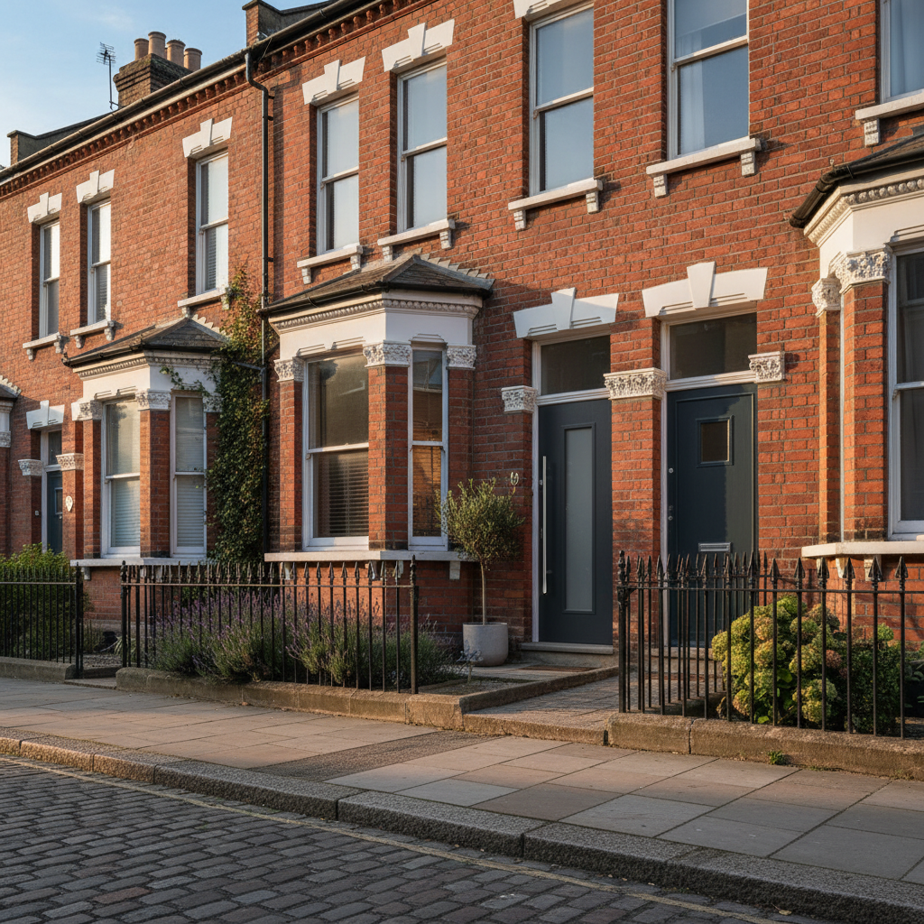 A high-quality architectural photo of a classic British Victorian terraced house with a modern front door, soft afternoon sunlight, professional photography style, sharp focus.