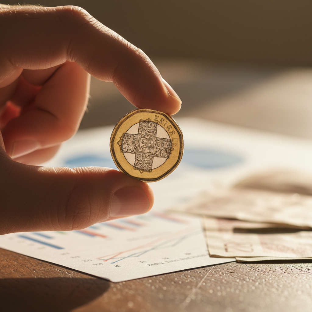 A close-up shot of a person's hand holding a shiny UK sterling coin over a wooden table with blurred financial documents in the background, warm natural lighting, macro photography.