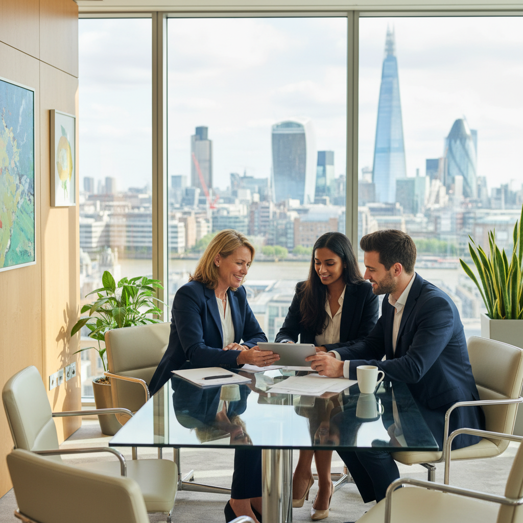 A professional financial advisor meeting with a diverse expat couple in a bright, modern London office with a view of the city skyline through the window, photorealistic style, 8k resolution, soft natural lighting.