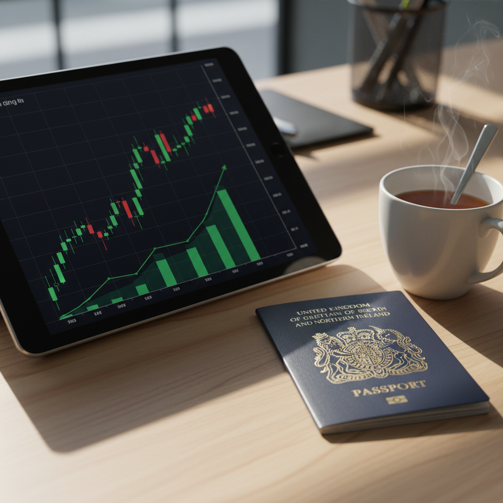 A close-up of a tablet showing financial growth charts and a British passport resting on a clean wooden desk next to a cup of tea, photorealistic, cinematic lighting, sharp focus.