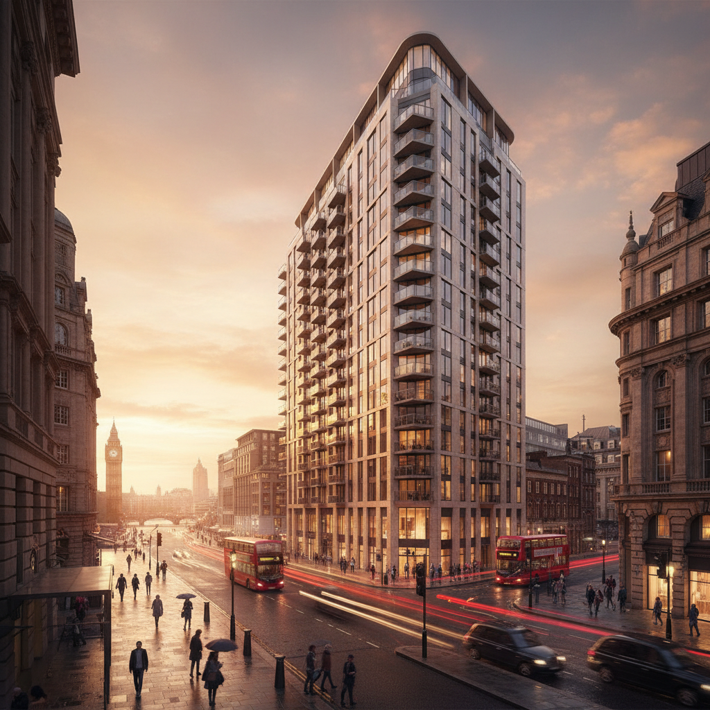 A high-detail, photorealistic image of a modern residential apartment building in a bustling British city, featuring sleek glass balconies and clean architectural lines, captured during the golden hour with soft sunlight reflecting off the windows.