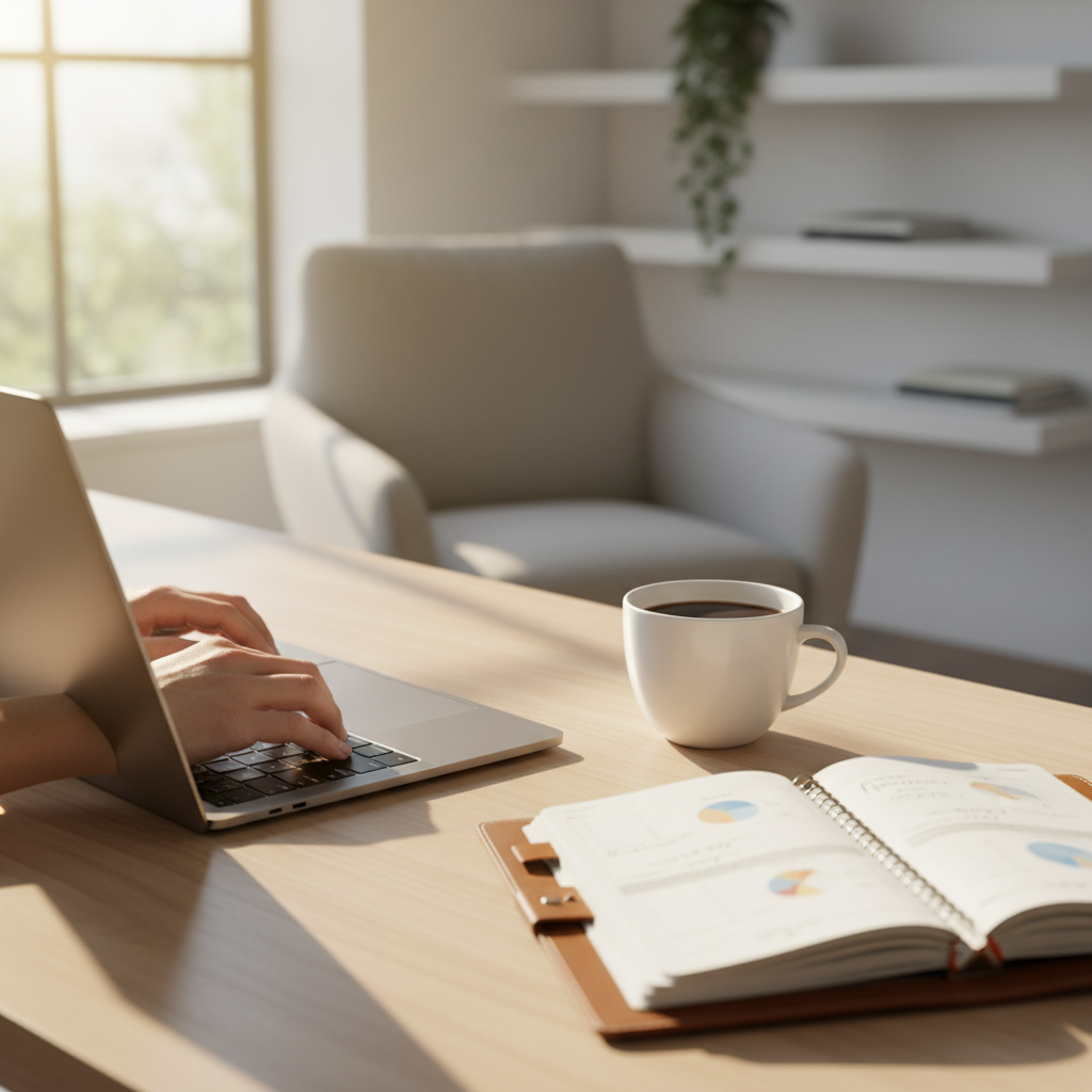 A professional close-up of a person's hands using a sleek laptop in a modern, sunlit home office, with a cup of coffee and a financial planner visible on the side, soft focus background, high-quality digital photography.