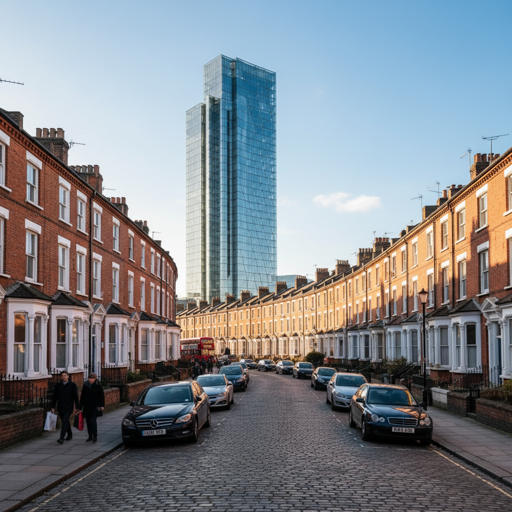 A wide shot of a traditional British street with red-brick terraced houses and a modern skyscraper in the background, sunny day, sharp focus, 8k resolution, professional photography.