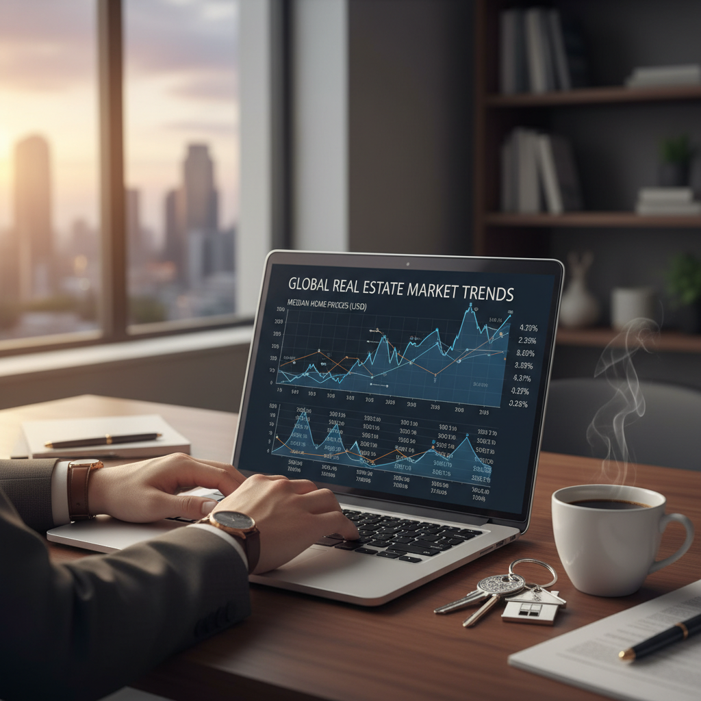 A professional person working on a laptop with a digital graph of real estate prices on the screen, a set of house keys and a cup of coffee nearby, soft indoor lighting, photorealistic, high detail.