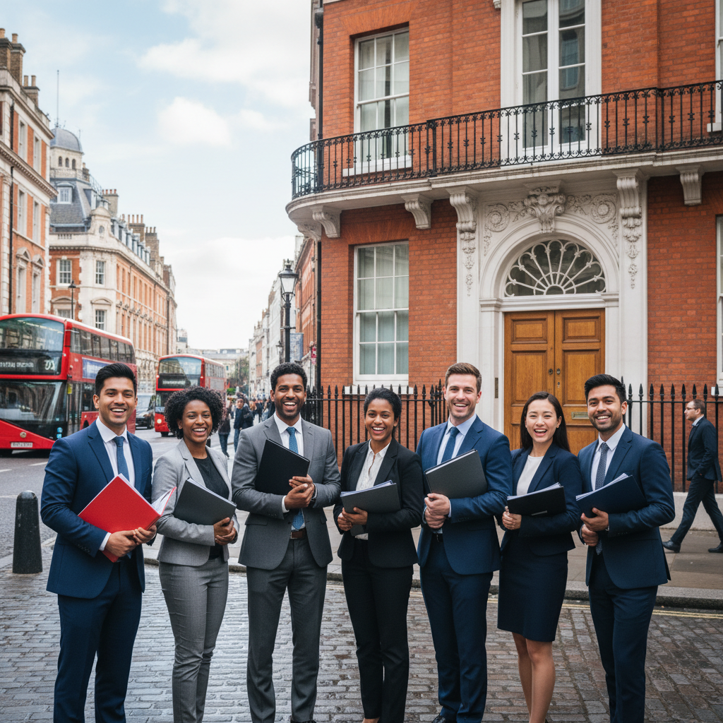 A diverse group of happy professionals standing in front of a classic red-brick London building, holding folders of documents and smiling at the camera, high-resolution photography, photorealistic.